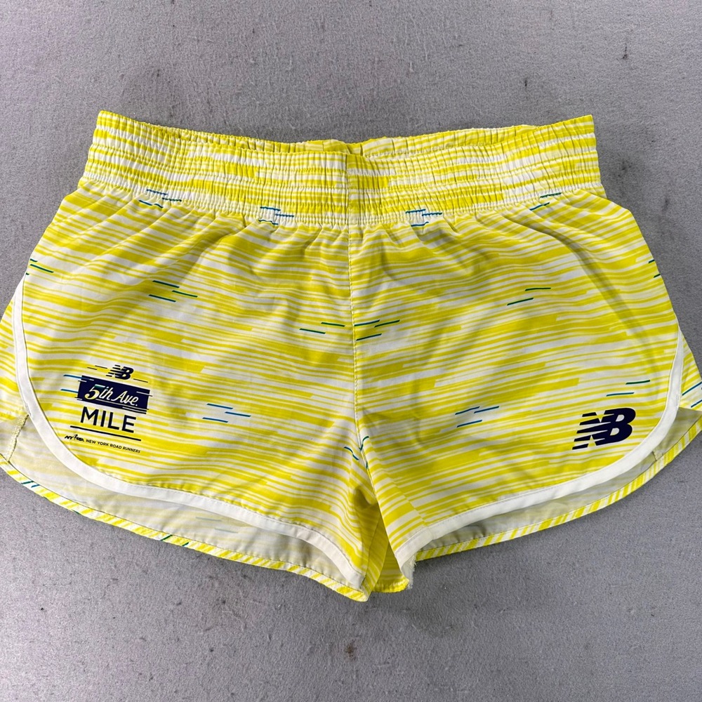 New Balance 5th Ave Mile NYRR Running Shorts Yellow White Striped Womens Medium